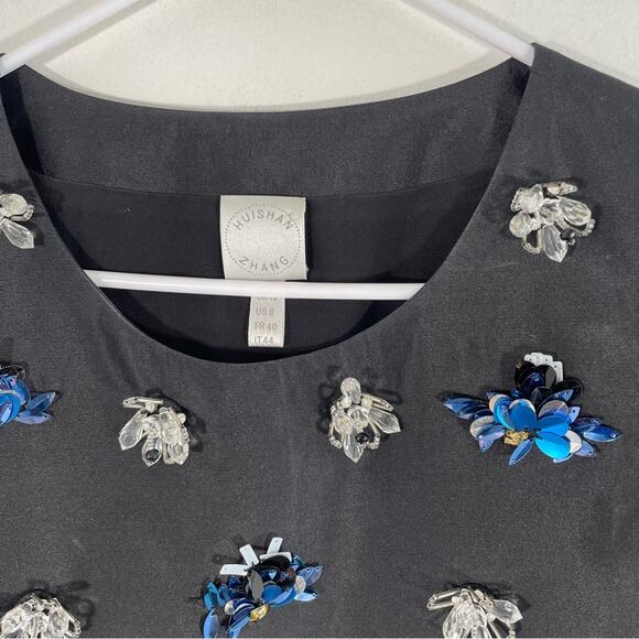 Huishan Zhang Black Wool Silk Blue Clear Crystal Bead Embellished Boxy Blouse 8 - Picture 3 of 9